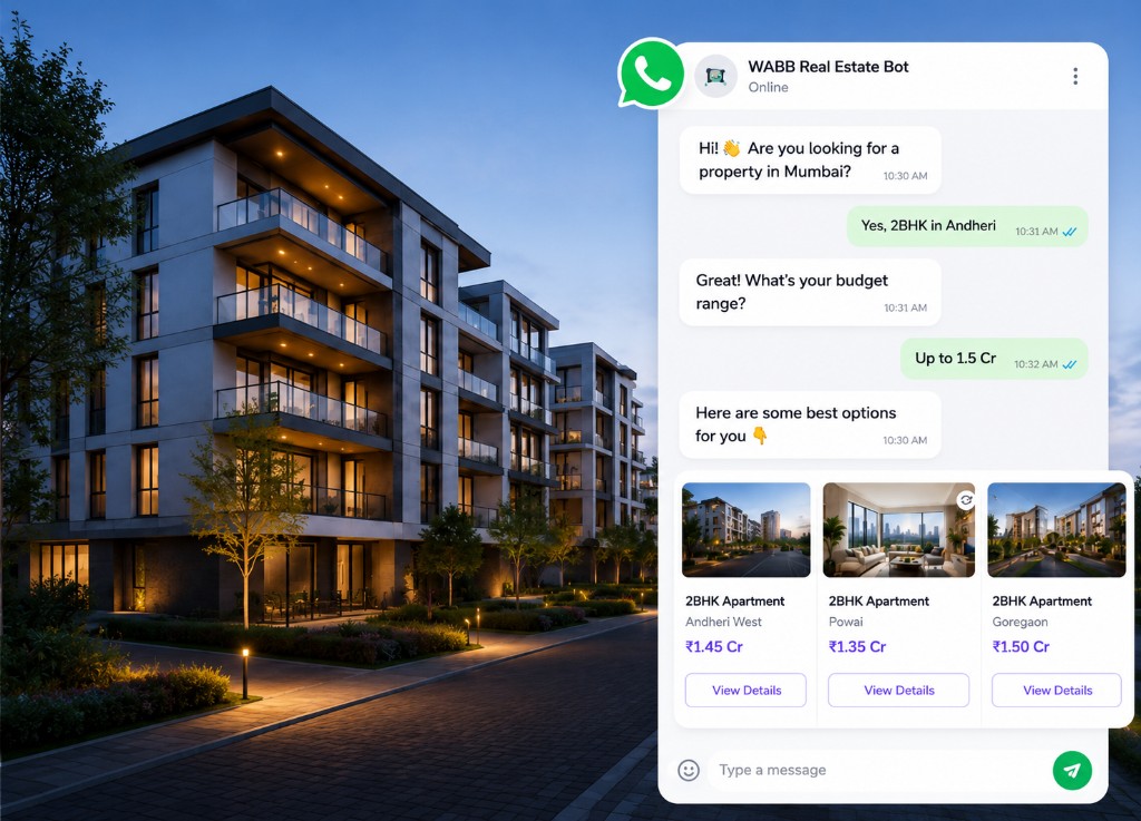 WABB Real Estate Bot qualifying a Mumbai 2BHK lead on WhatsApp