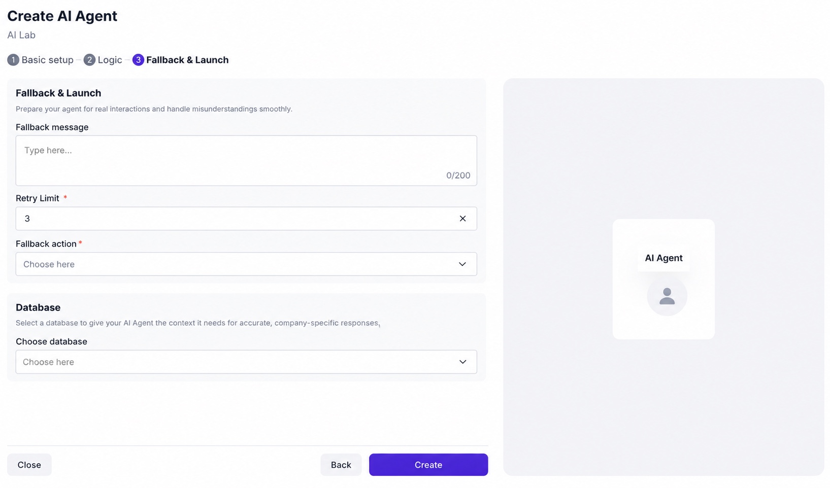 WABB AI Agent Fallback and Launch page with fallback message, retry limit, action and database