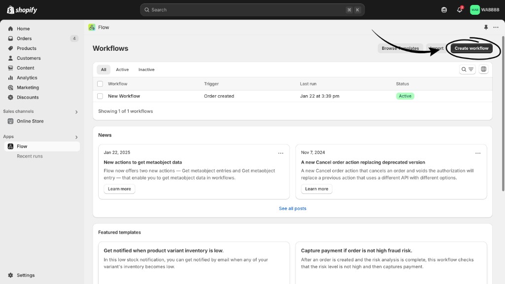 Shopify Flow Workflows screen with Create workflow highlighted