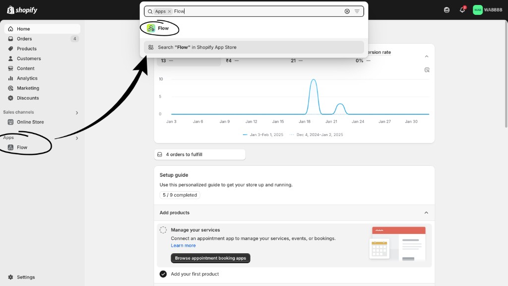 Shopify Admin Apps search for Flow, with Flow highlighted in the sidebar and search results