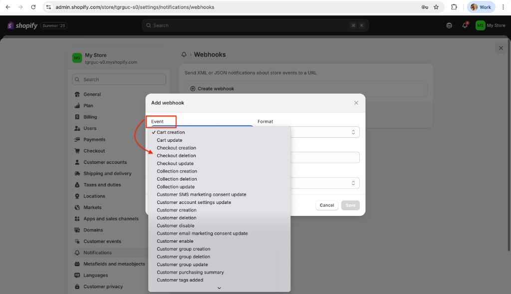 Shopify Add webhook dialog with the Event dropdown open