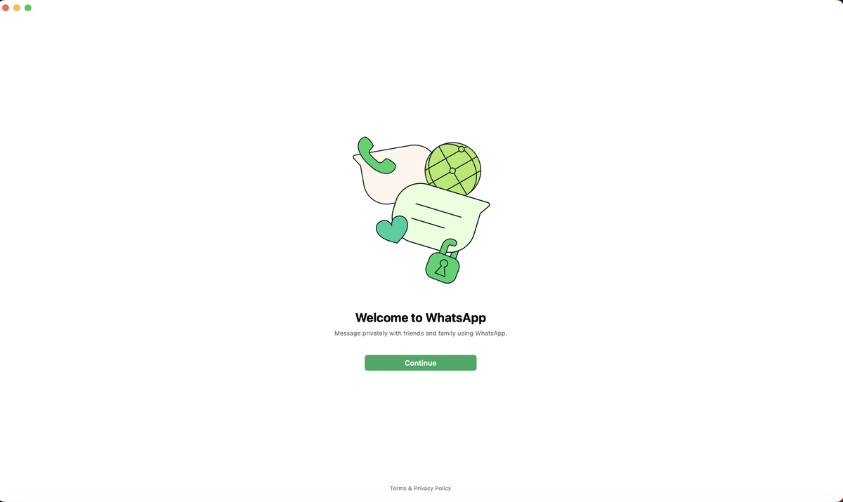 WhatsApp Desktop’s first-launch Welcome screen with a Continue button