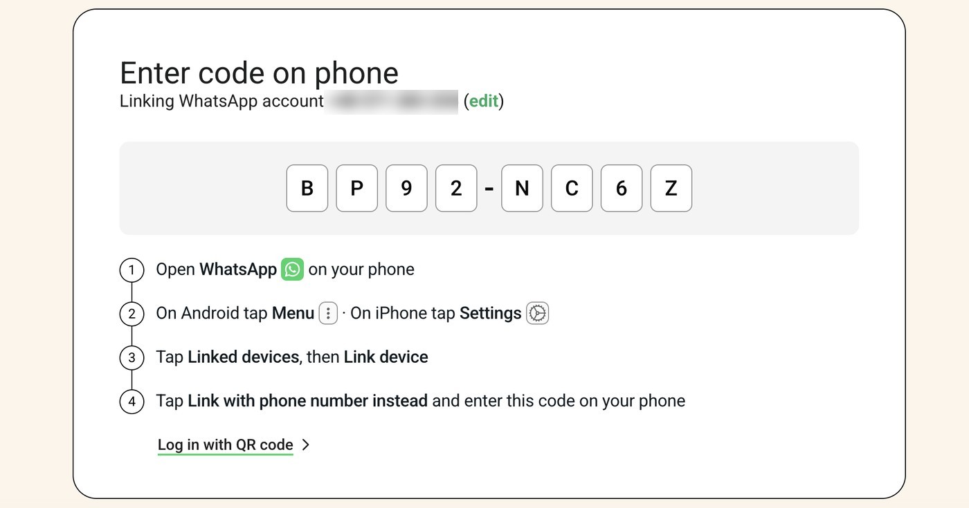 The web.whatsapp.com screen showing an 8-character code and WhatsApp’s own steps for entering it on your phone